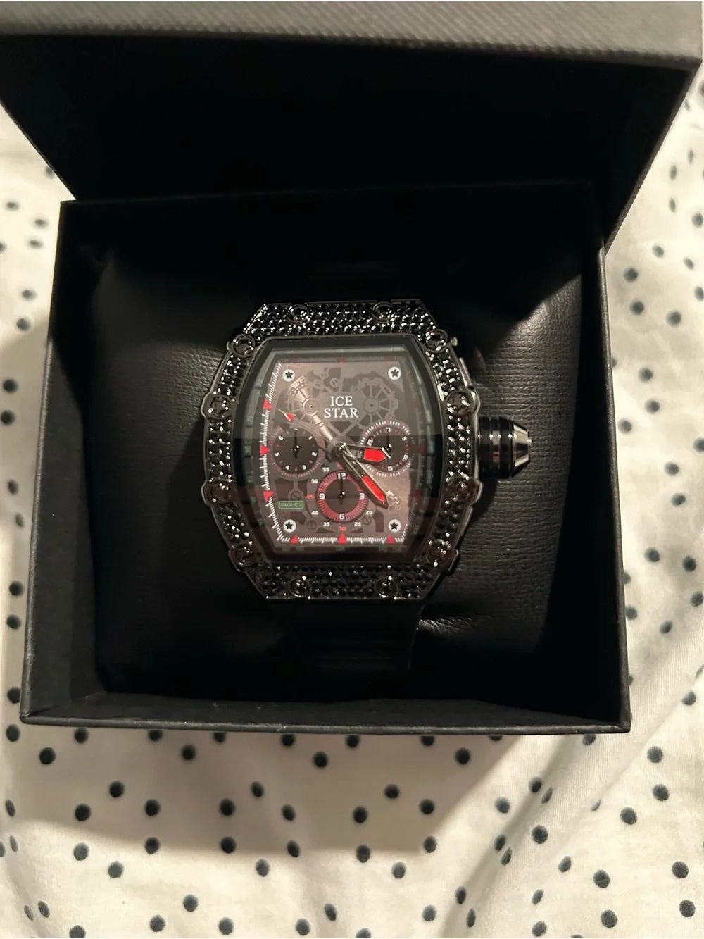 Men's Black Chronograph Ice Star Watch with Red Accents